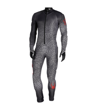 Black and gray racing suit with red accents on a white background