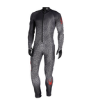 Black and gray racing suit with red accents on a white background