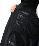 Black jacket with Spyder branding and EXO Shield feature on a white background