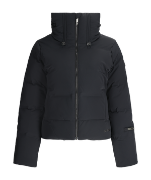 Black puffer jacket on a white background