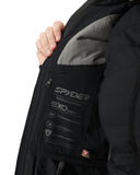 Close-up of a black jacket with Spyder branding and features on a white background