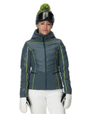 Person wearing a gray ski jacket with green accents on a white background