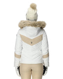 White winter jacket with fur hood and beige accents on a white background