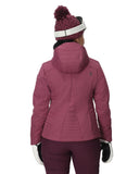 Person wearing a pink winter jacket, pants, and hat on a white background