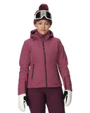Person wearing a maroon ski jacket, pants, gloves, and goggles on a white background