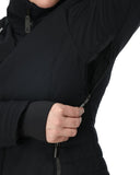 Close-up of a person wearing a black jacket with a white background