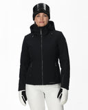 Person wearing a black ski jacket, white pants, and gloves on a white background