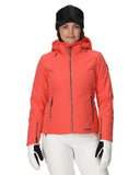 Person wearing a bright orange ski jacket with a hood on a white background