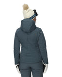 Person wearing a blue winter jacket with a hood on a white background