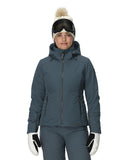 Person wearing a gray ski jacket, pants, gloves, and goggles on a white background