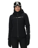 Person wearing a black ski jacket with a brand logo on a white background