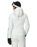 Person wearing a white ski jacket and pants on a white background
