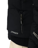 Black Spyder jacket with a close-up of the brand logo on a white background