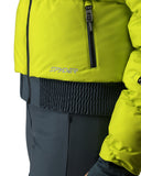 Close-up of a bright yellow jacket with a brand logo, worn over dark pants.