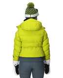Person wearing a bright yellow puffer jacket with a green and black beanie on a white background