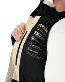 Close-up of a jacket with Spyde branding and feature text on a white background