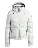 White womens puffer ski jacket on a white background.