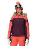 Person wearing a colorful ski jacket with a white background