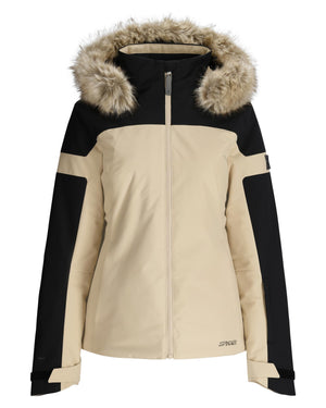 Beige and black jacket with fur-lined hood on a white background