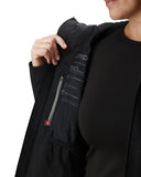 Close-up of a black jacket with visible branding on a white background