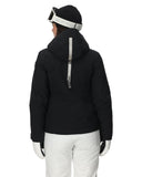 Person wearing a black jacket with a hood and white pants on a white background