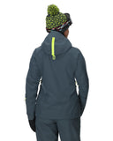 Person wearing a gray jacket with a hood on a white background