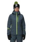 Person wearing a gray ski jacket with green accents on a white background