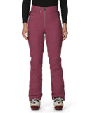Purple snow pants worn by a person on a white background