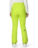 Bright green ski pants worn by a person on a white background