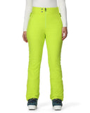 Bright green ski pants worn by a person on a white background