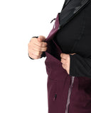 Person opening a purple jacket with a white background