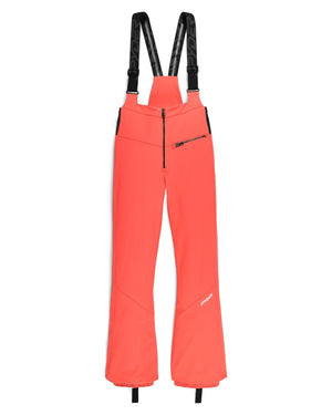 Orange ski pants with black straps on a white background