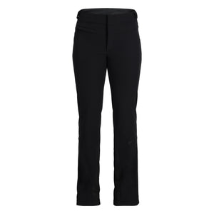 A pair of women's black softshell pants with a zipper pocket on the right leg, belt loops, and reinforced scuff guard at the ankles.