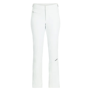 A pair of white, form-fitting women's softshell pants with a zipper pocket on the right thigh and subtle branding detail.