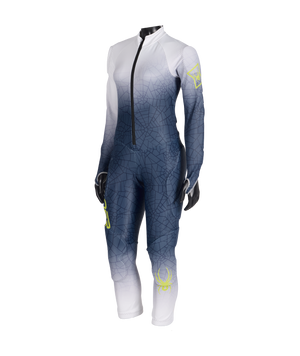 Gradient racing suit with black, white, and blue design on a white background