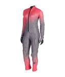 Gradient red to gray full-body suit with spider web pattern on a white background