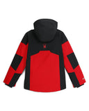 Red and black jacket with a logo on a white background