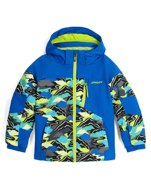 Blue jacket with colorful camouflage pattern on a white background