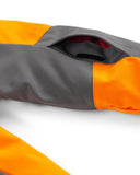 Close-up of a jacket with gray, orange, and white color pattern on a white background