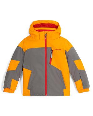 Color-blocked jacket with orange, gray, and red on a white background