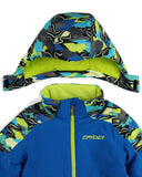 Blue ski jacket with colorful hood and Spyder branding on a white background