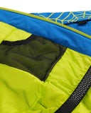 Close-up of a yellow and blue bag with a mesh pocket.