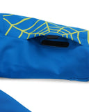 Blue jacket with yellow spider web pattern on a white background