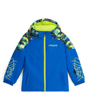 Blue children's jacket with colorful hood and spider web designs on sleeves against a white background