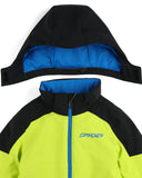 Spyder jacket with black and blue hood and yellow body on a white background