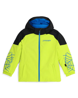 Yellow and black jacket with blue accents on a white background