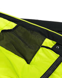 Close-up of a bright yellow jacket with black zipper and mesh pocket on a white background