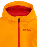 Close-up of an orange jacket with a red zipper and hood, featuring the Spyder brand logo.