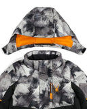 Camouflage jacket with orange accents on a white background