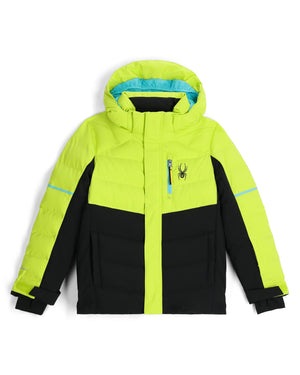 Two-tone lime green and black jacket with a brand logo on a white background